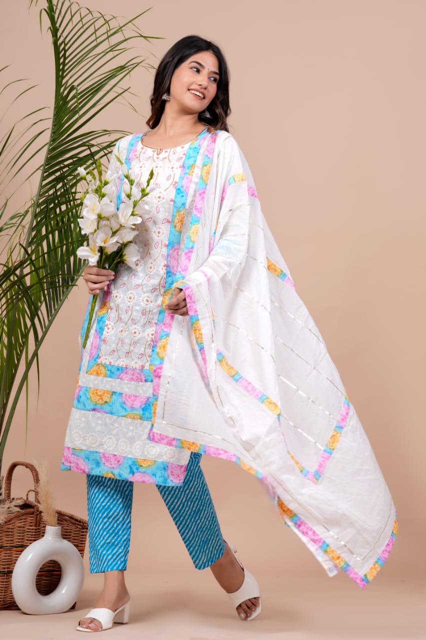 Chicken Shifli Hand-Block Printed Cotton Kurti, Pant, and Mulmul Dupatta Set
