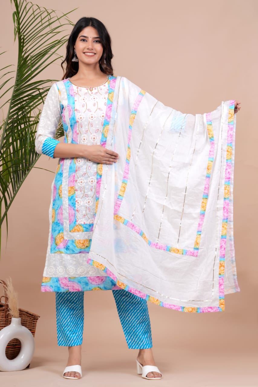 Chicken Shifli Hand-Block Printed Cotton Kurti, Pant, and Mulmul Dupatta Set
