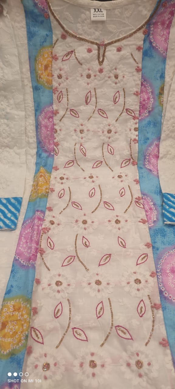 Chicken Shifli Hand-Block Printed Cotton Kurti, Pant, and Mulmul Dupatta Set