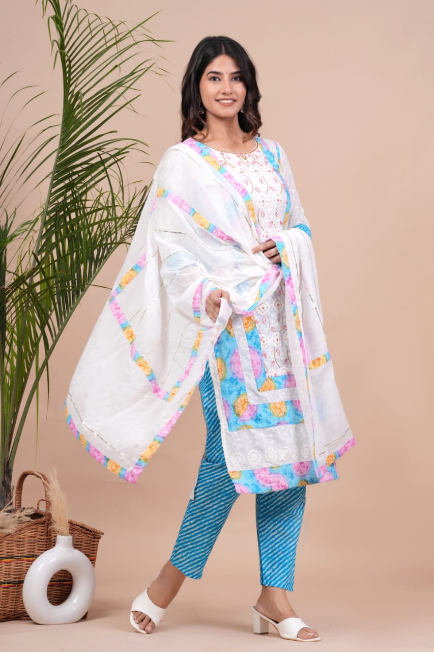 Chicken Shifli Hand-Block Printed Cotton Kurti, Pant, and Mulmul Dupatta Set