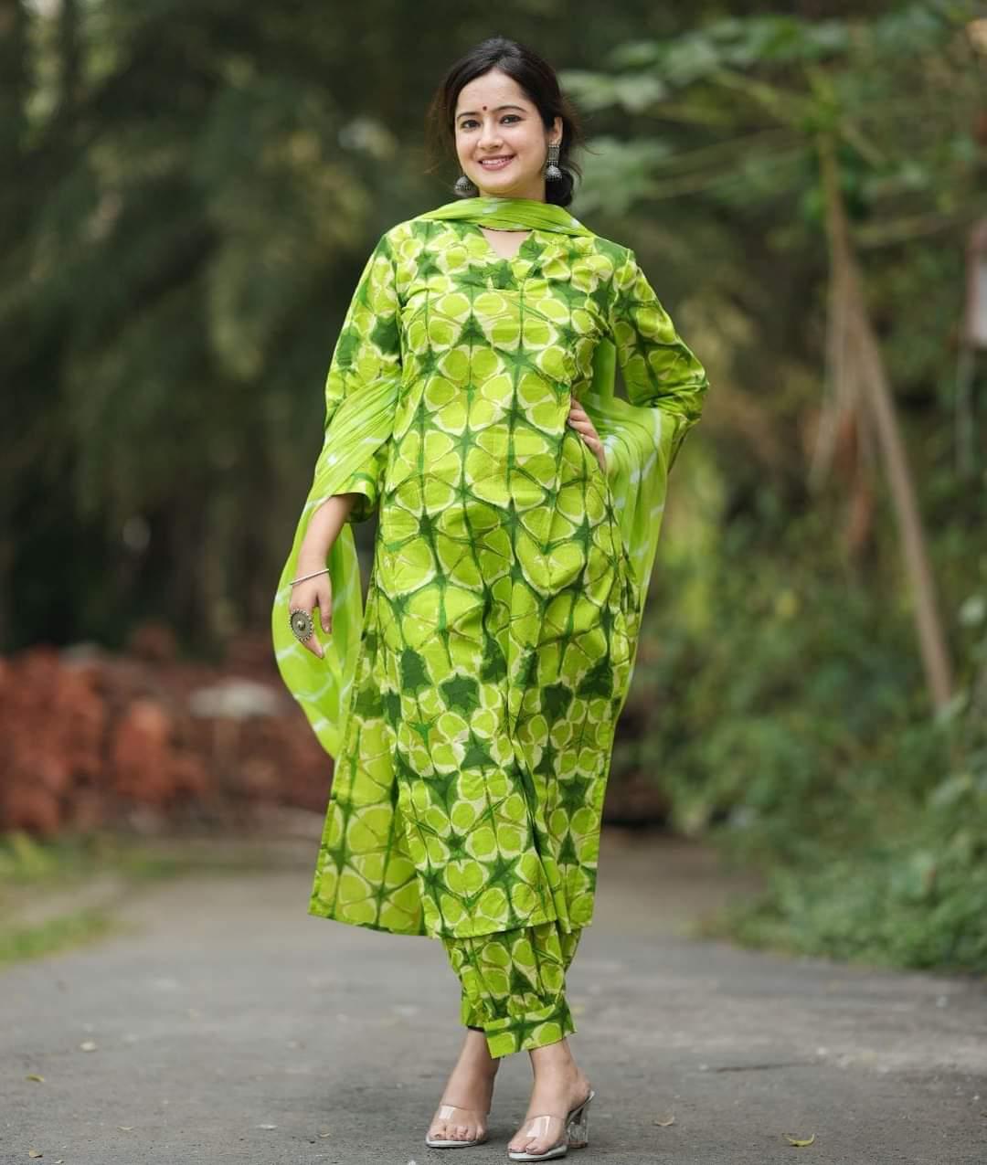 Cotton Kurti, Gulnaar Pant, and Chiffon Leheriya Dupatta Set