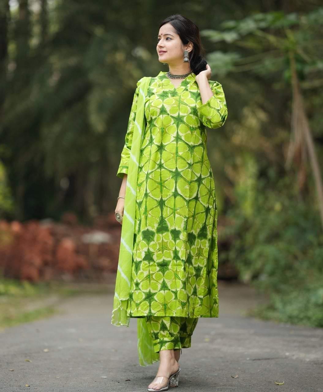 Cotton Kurti, Gulnaar Pant, and Chiffon Leheriya Dupatta Set