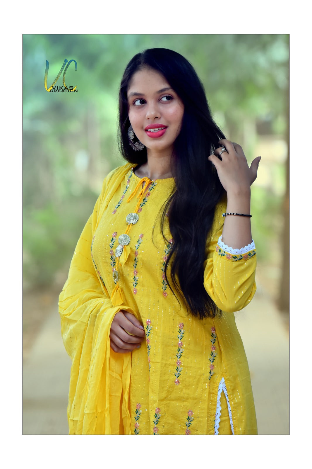 Cotton Lurex Kurti with Embroidery, Pant, and Nazmin Dupatta Set