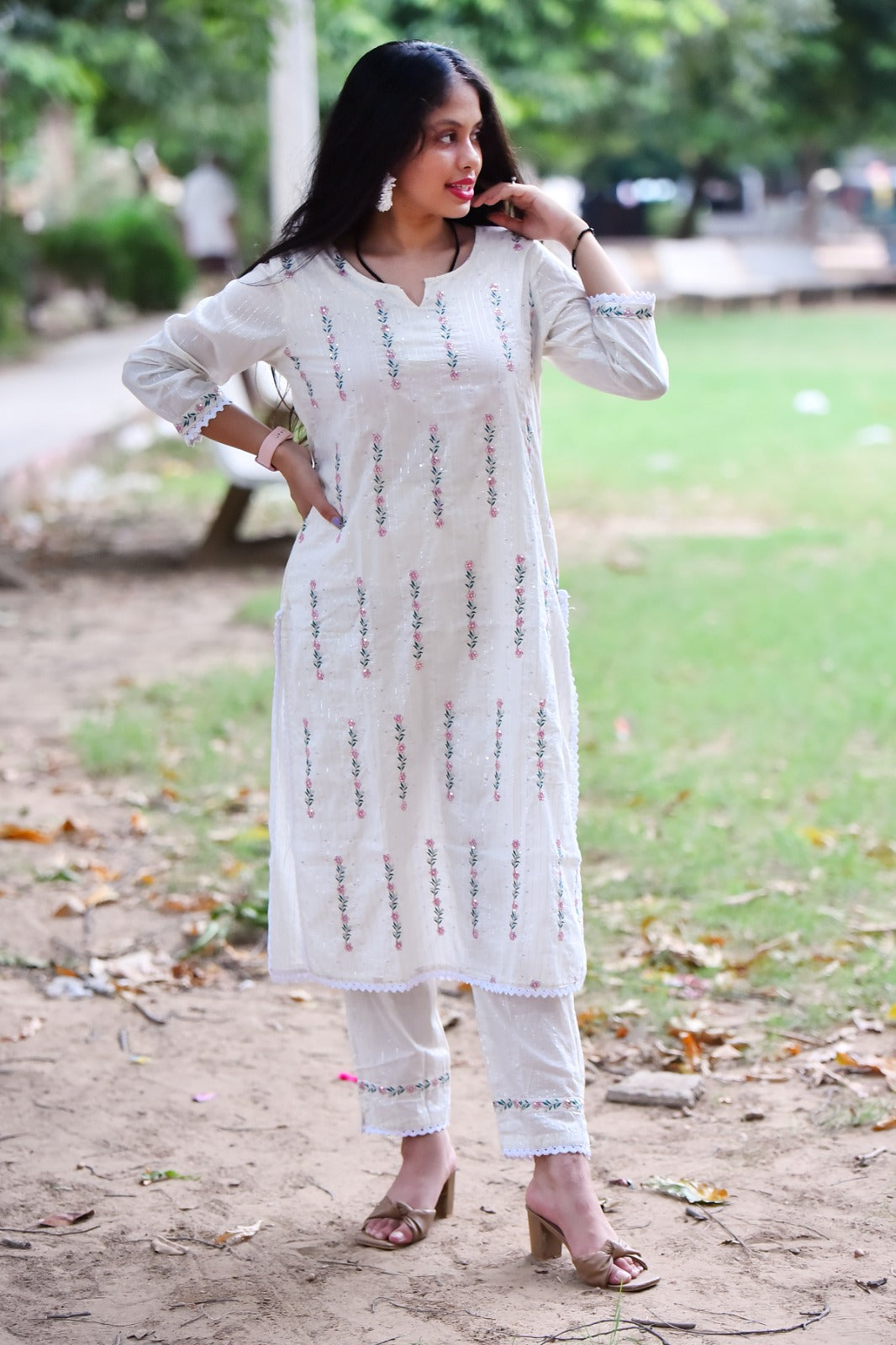 Cotton Lurex Kurti with Embroidery, Pant, and Nazmin Dupatta Set