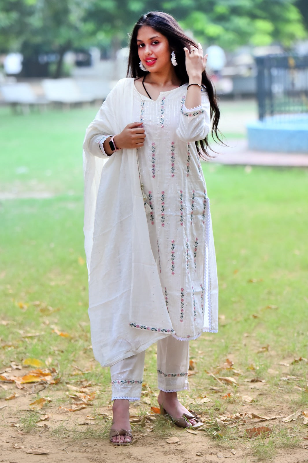 Cotton Lurex Kurti with Embroidery, Pant, and Nazmin Dupatta Set