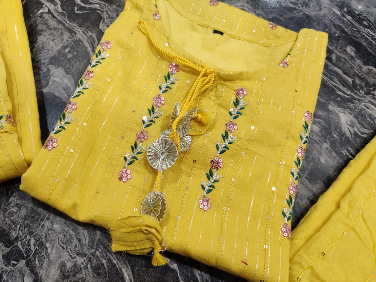 Cotton Lurex Kurti with Embroidery, Pant, and Nazmin Dupatta Set