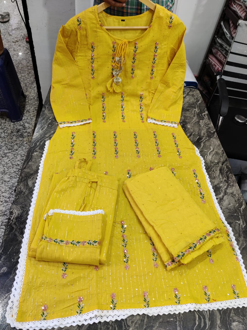 Cotton Lurex Kurti with Embroidery, Pant, and Nazmin Dupatta Set
