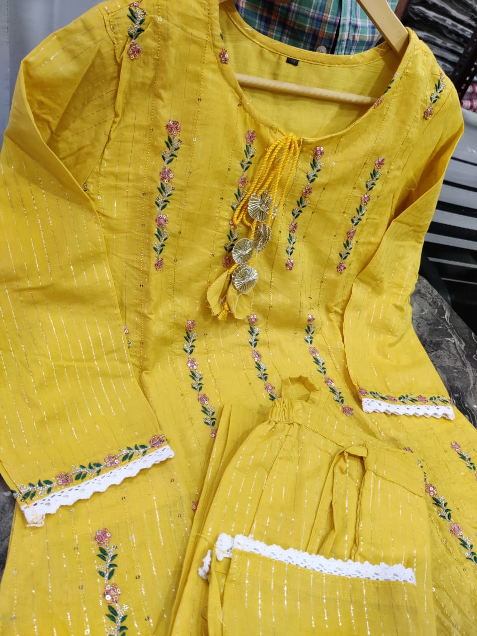 Cotton Lurex Kurti with Embroidery, Pant, and Nazmin Dupatta Set