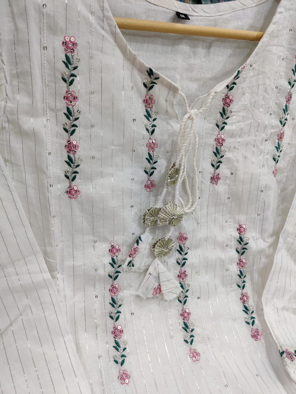 Cotton Lurex Kurti with Embroidery, Pant, and Nazmin Dupatta Set
