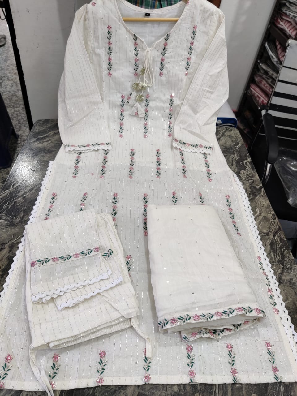 Cotton Lurex Kurti with Embroidery, Pant, and Nazmin Dupatta Set