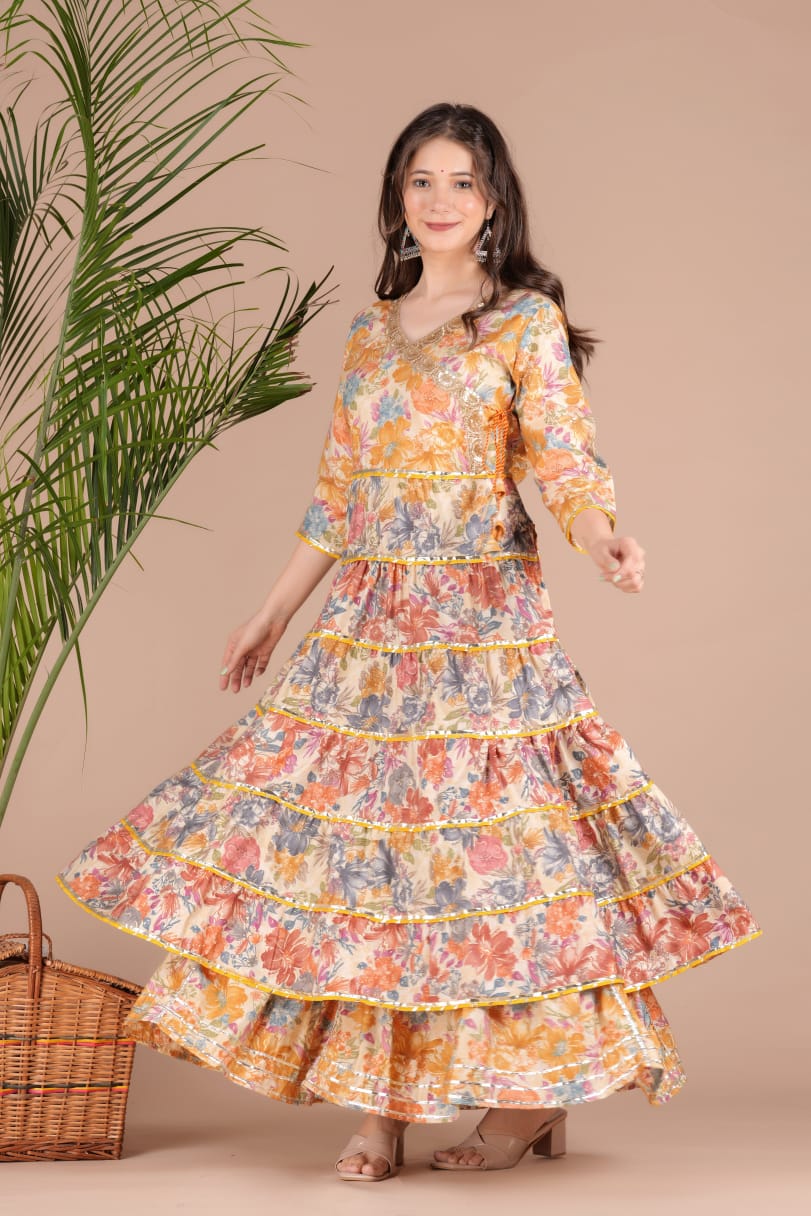 Golden Sequence Muslin Sharara Set with Sidelong Slit Kurti and Chiffon Tie-n-Dye Dupatta