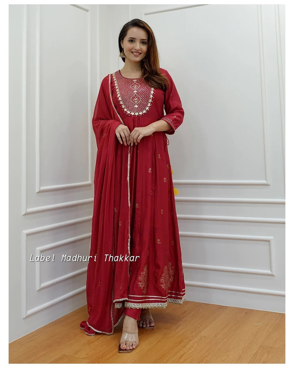 Red Embroidered Rayon Kurti Set with Mulmul Dupatta