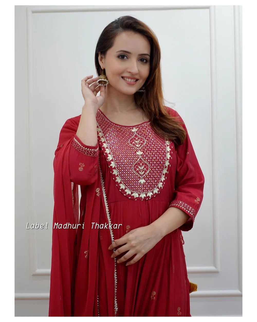 Red Embroidered Rayon Kurti Set with Mulmul Dupatta