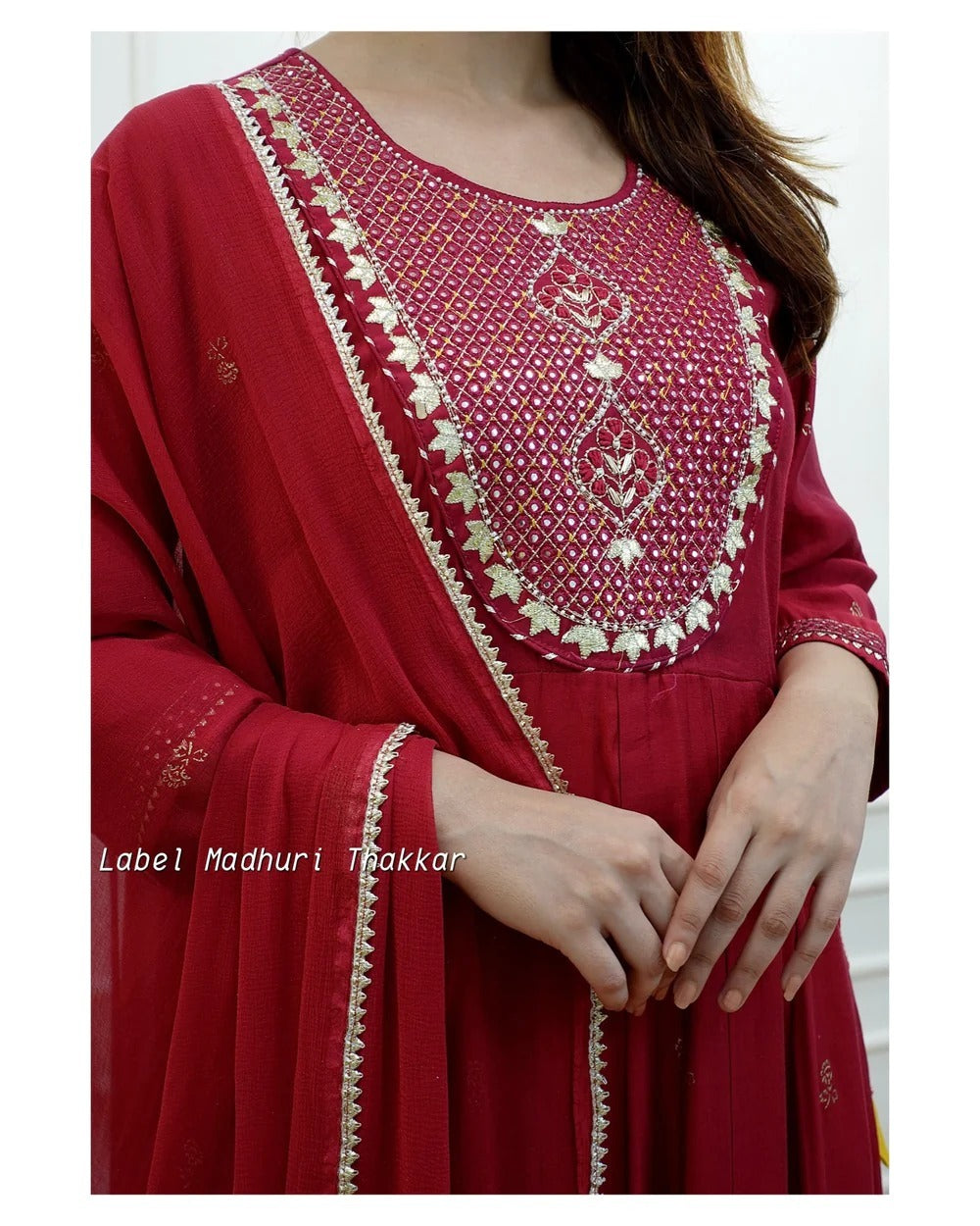 Red Embroidered Rayon Kurti Set with Mulmul Dupatta
