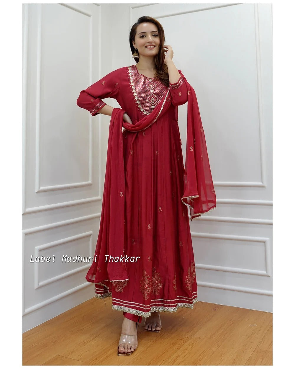 Red Embroidered Rayon Kurti Set with Mulmul Dupatta