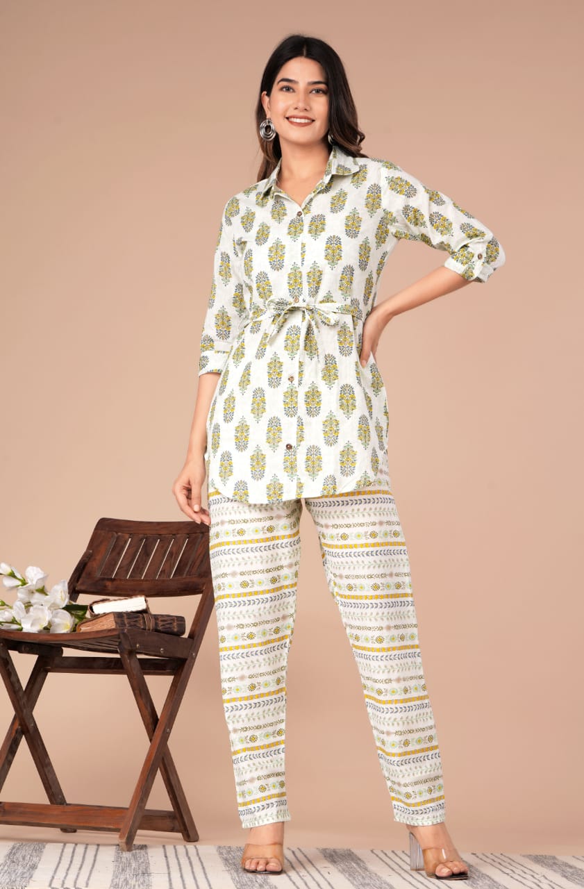 Cord Set: Shirt-style top with Belt and Cotton Pant