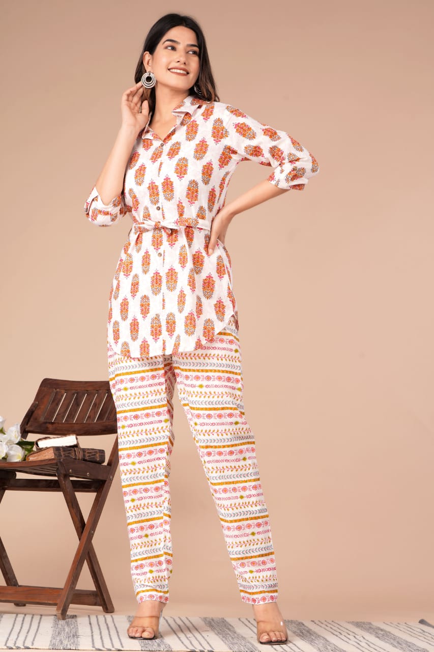 Cord Set: Shirt-style top with Belt and Cotton Pant