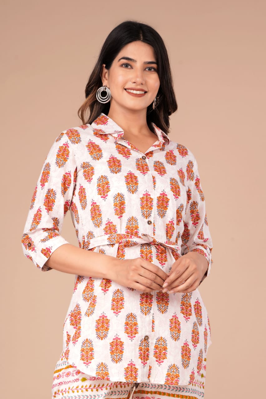 Cord Set: Shirt-style top with Belt and Cotton Pant