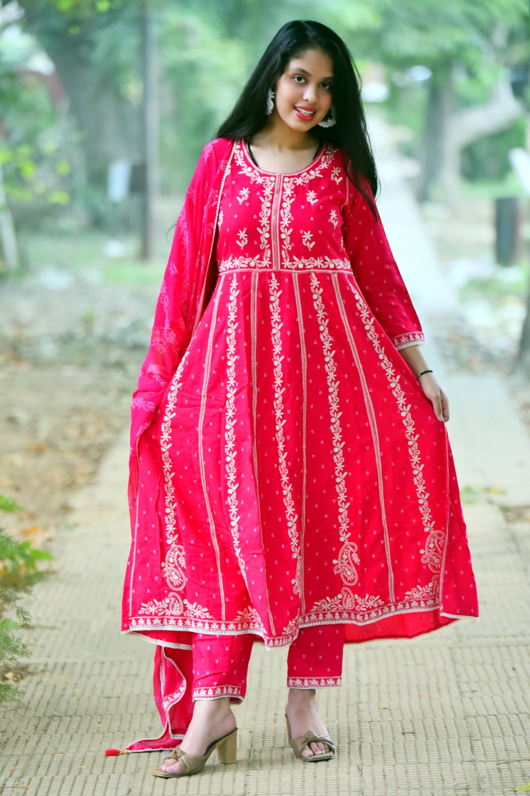 Rayon Embroidered Gown Suit with Pant Set