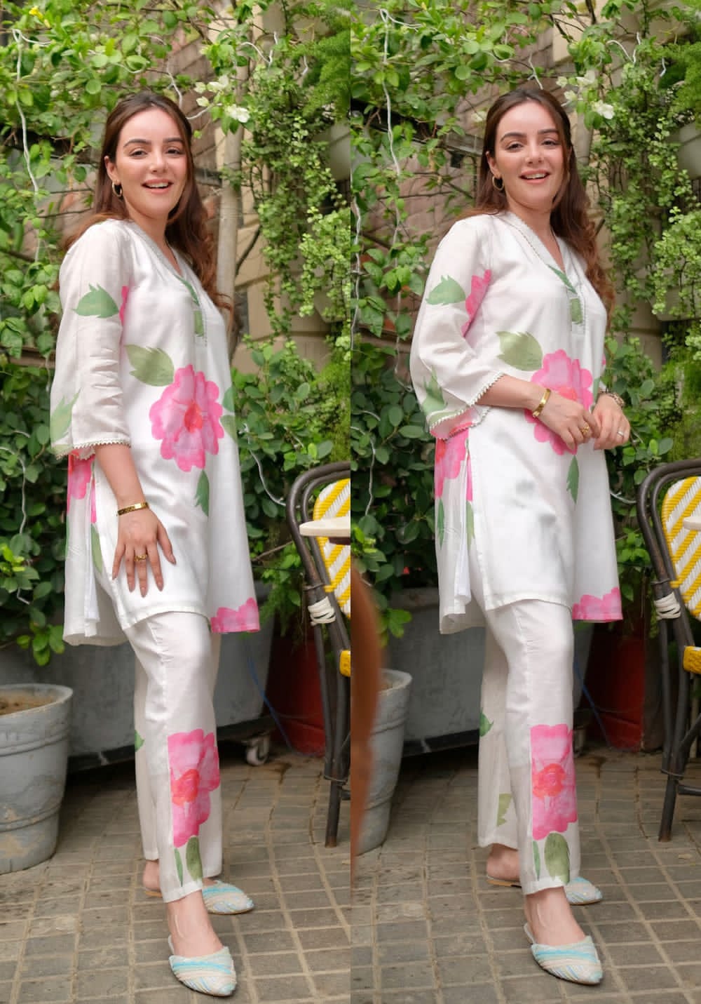 Maslin Digital Print Floral Kurta Pant Set with Lace Work