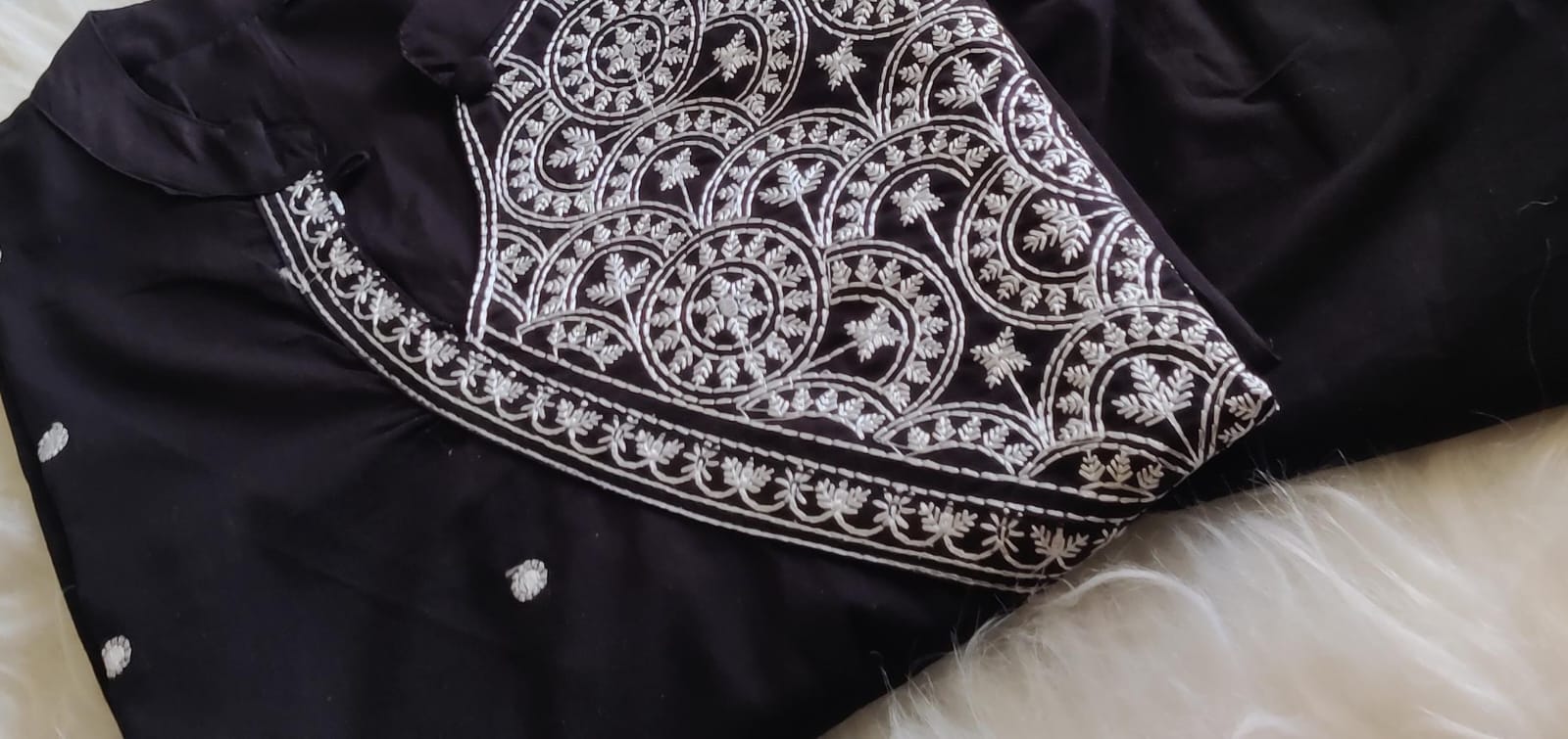 Black Cotton Kurta Pant Set with Thread Embroidery