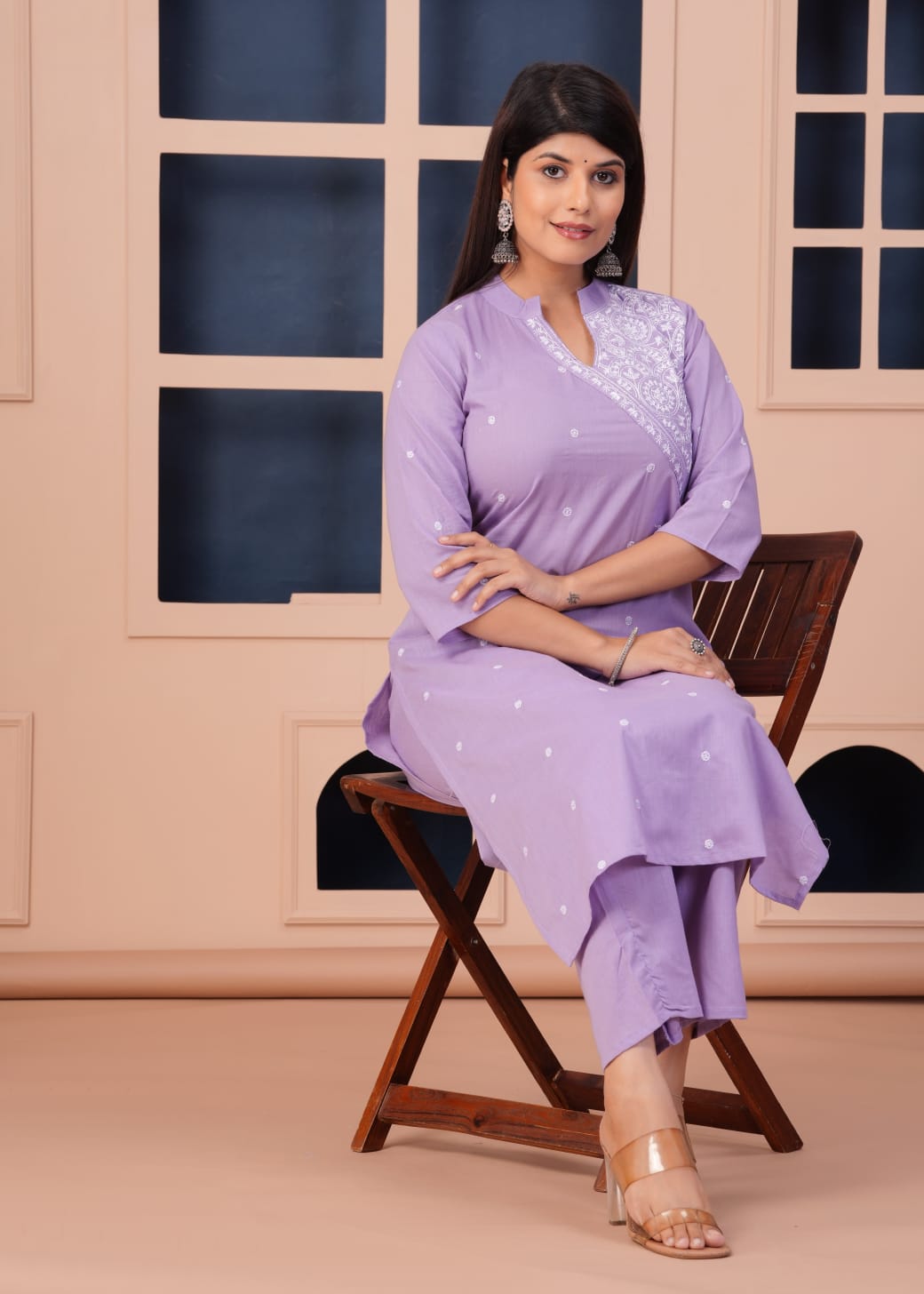 Lavender Monochrome Cotton Kurta Pant Set with Thread Embroidery