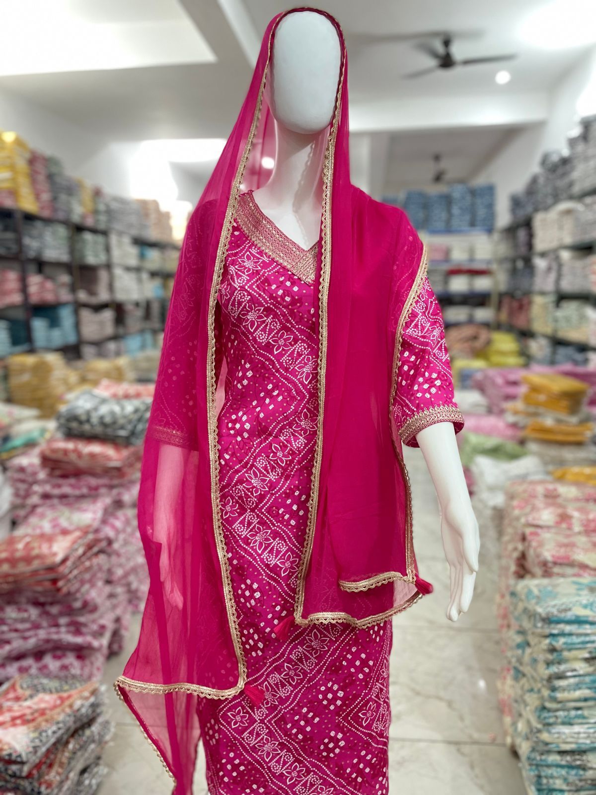 Bandhani Printed Afghani Suit Set with Sequence Embroidery