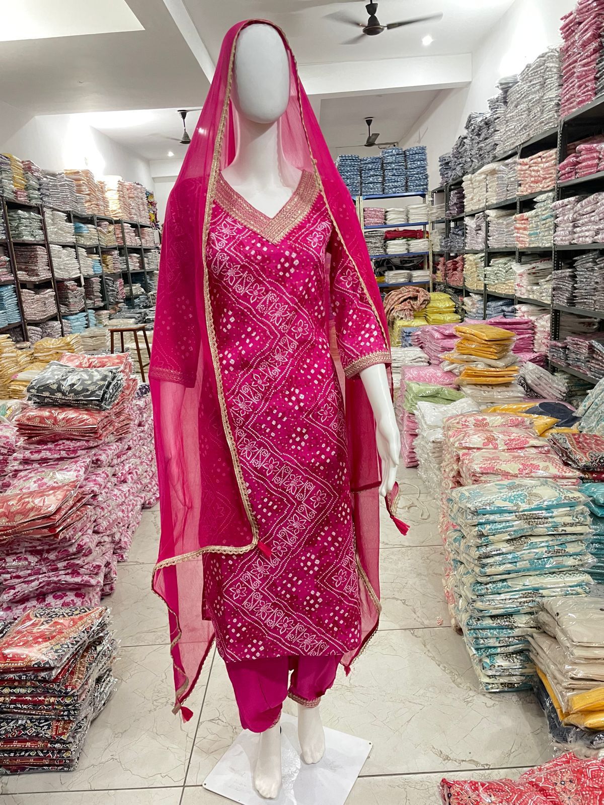 Bandhani Printed Afghani Suit Set with Sequence Embroidery