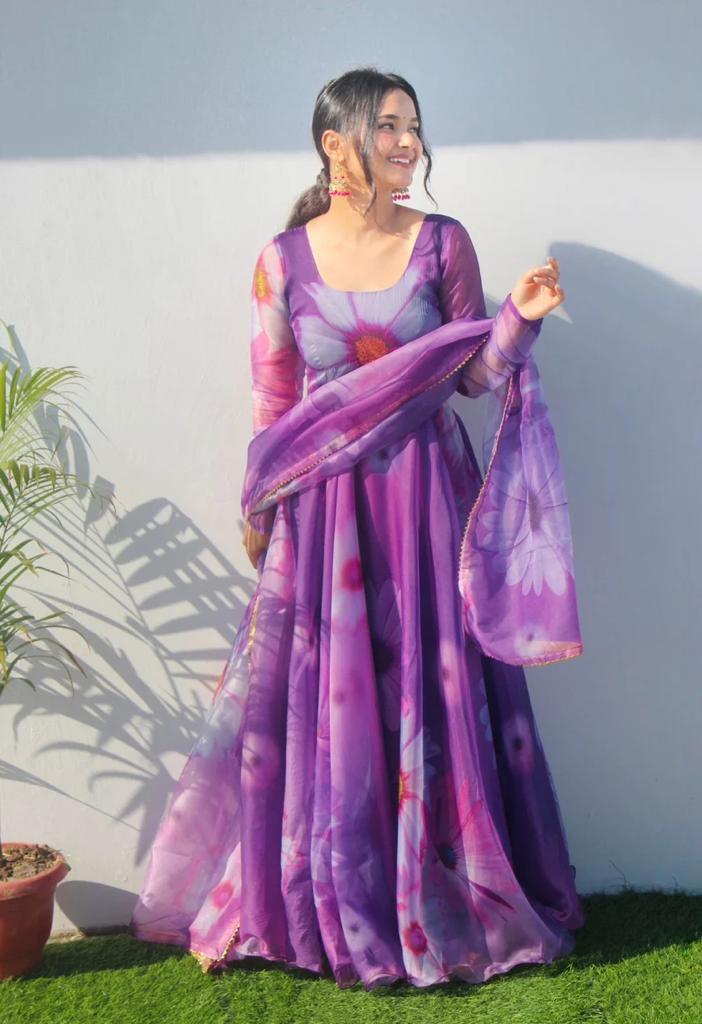 Purple Tubby Organza 2-Piece (Gown & Dupatta) Set with Picko Detailing