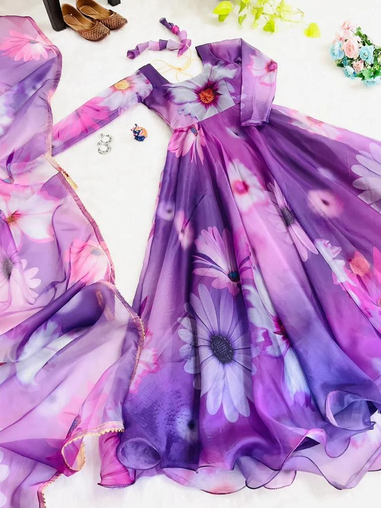 Purple Tubby Organza 2-Piece (Gown & Dupatta) Set with Picko Detailing