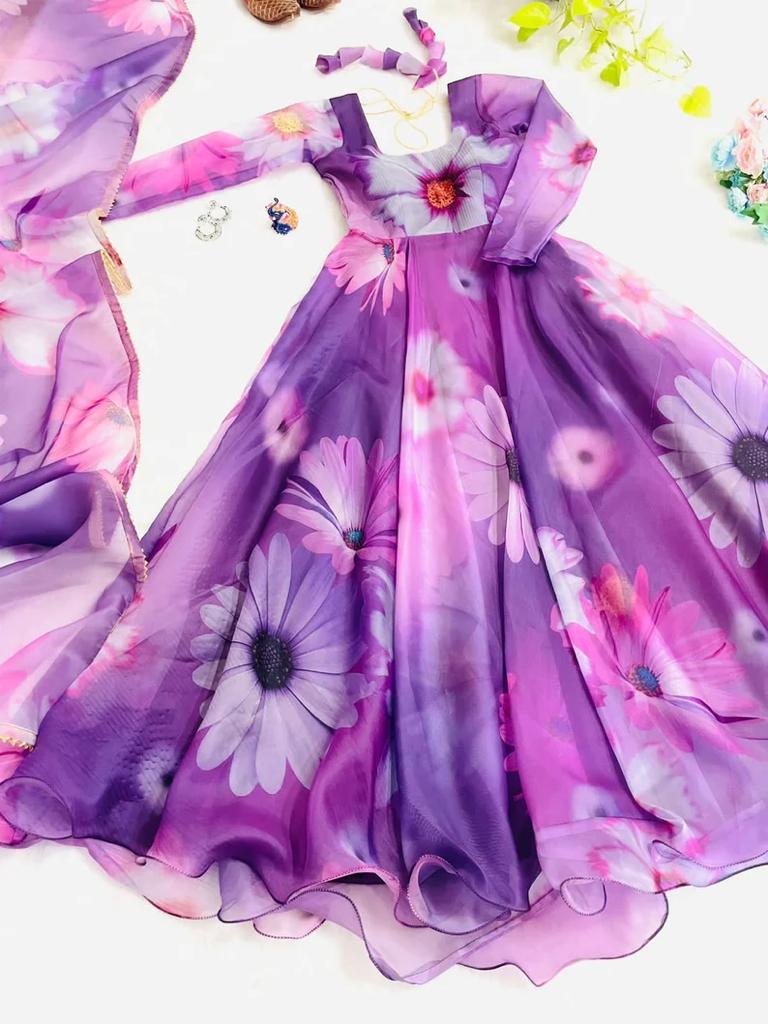 Purple Tubby Organza 2-Piece (Gown & Dupatta) Set with Picko Detailing