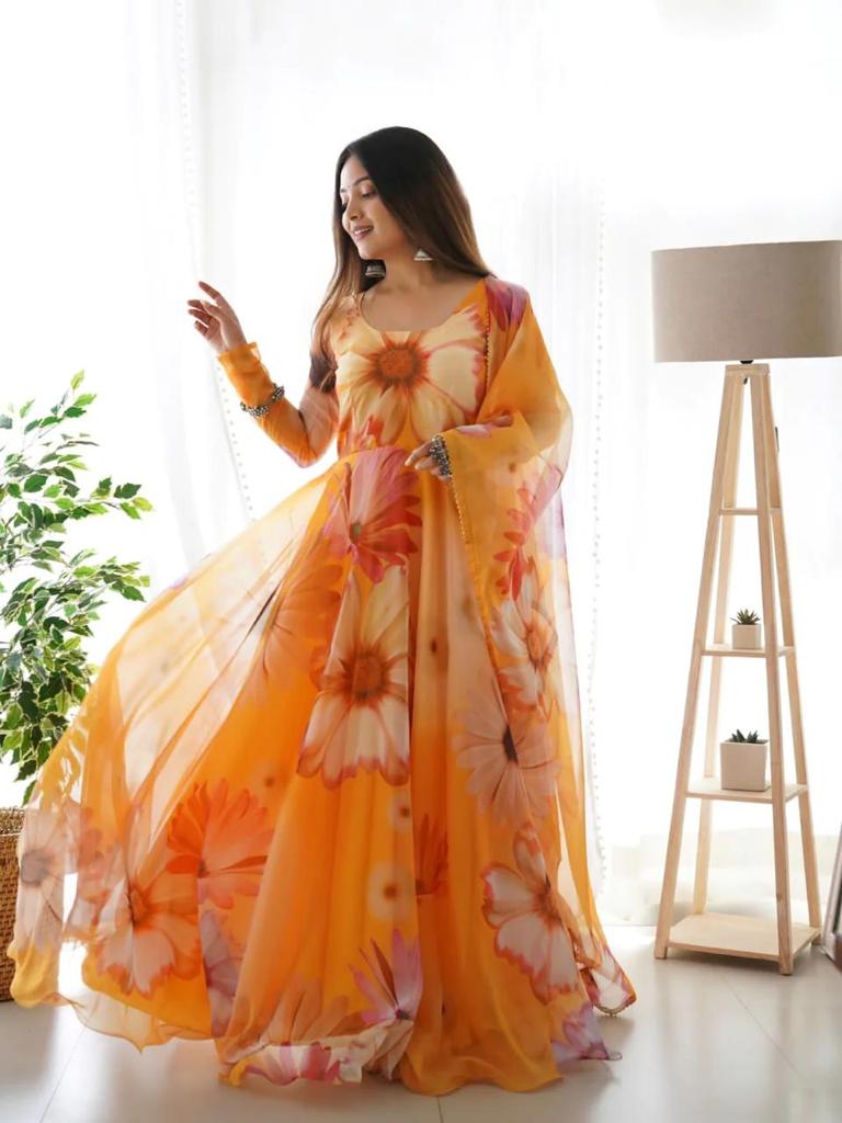 Mustard Yellow Tubby Organza 2-Piece (Gown & Dupatta) Set with Picko Detailing