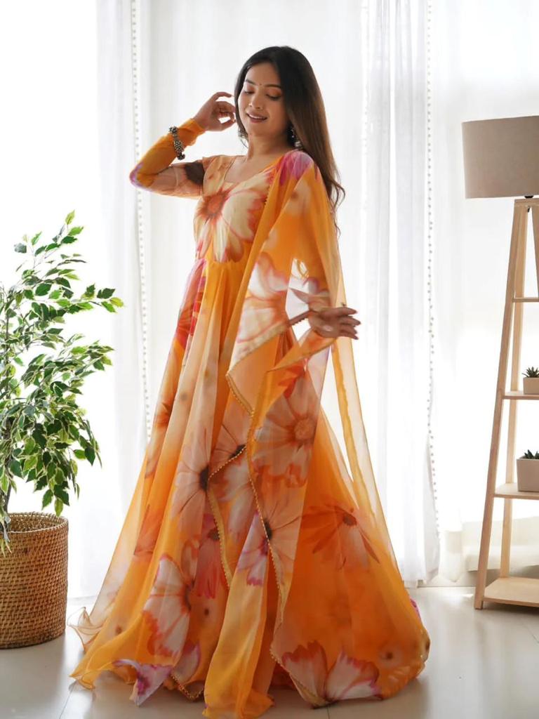 Mustard Yellow Tubby Organza 2-Piece (Gown & Dupatta) Set with Picko Detailing