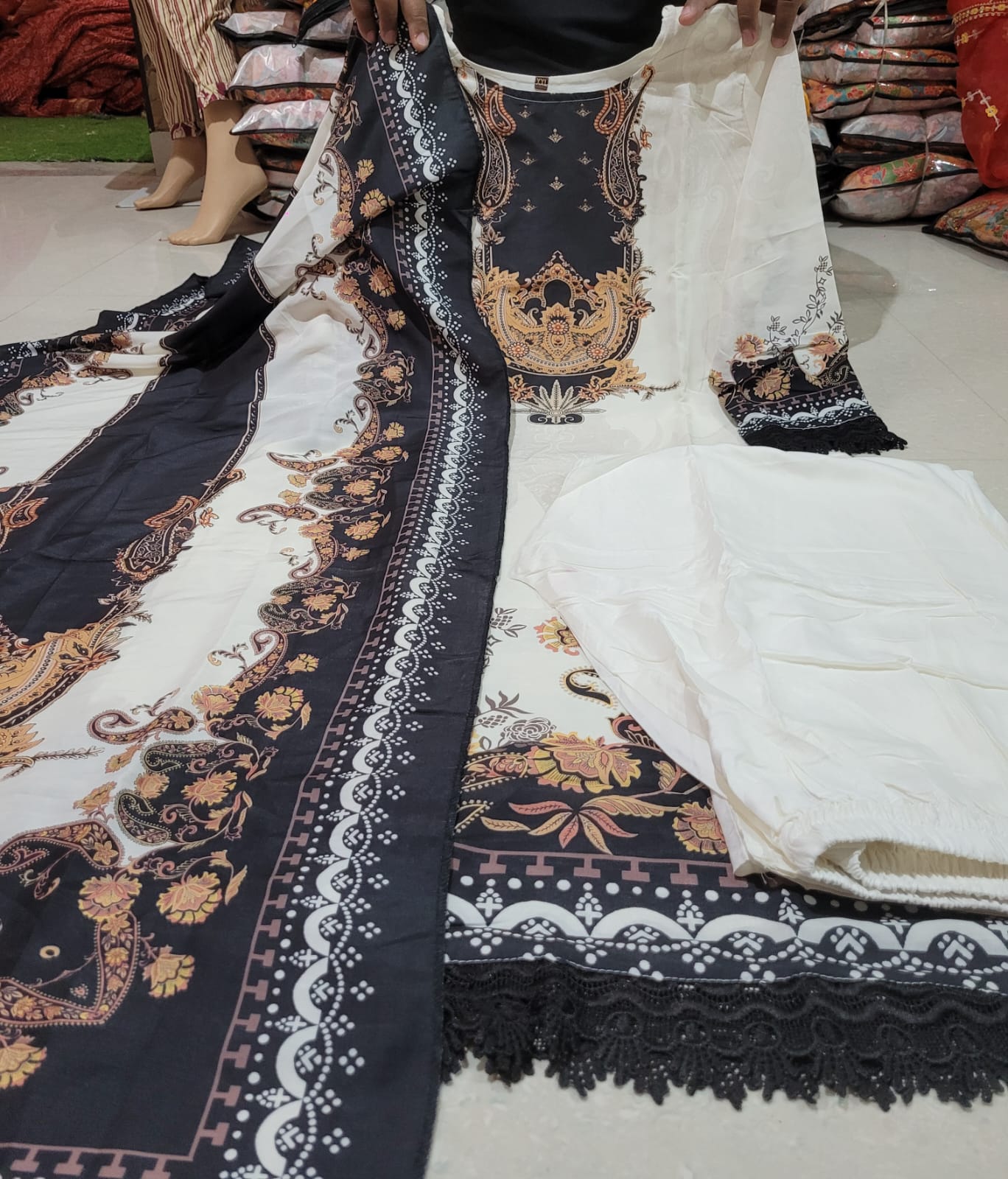 Ivory Muslin Pakistani Suit with Digital Prints and Shifli Chikankari Lace