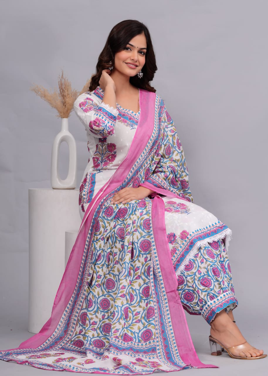 White-Pink Floral Anarkali Suit Set