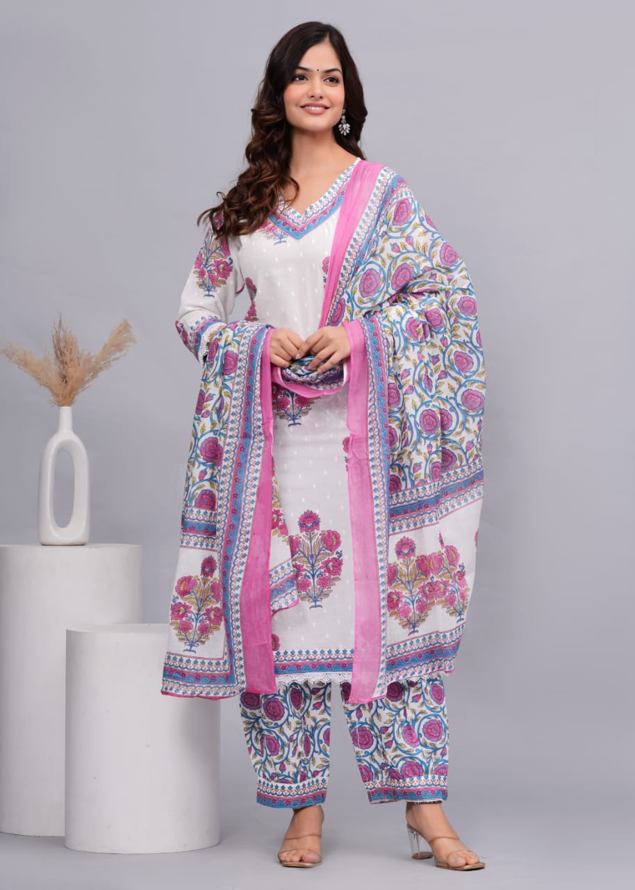 White-Pink Floral Anarkali Suit Set