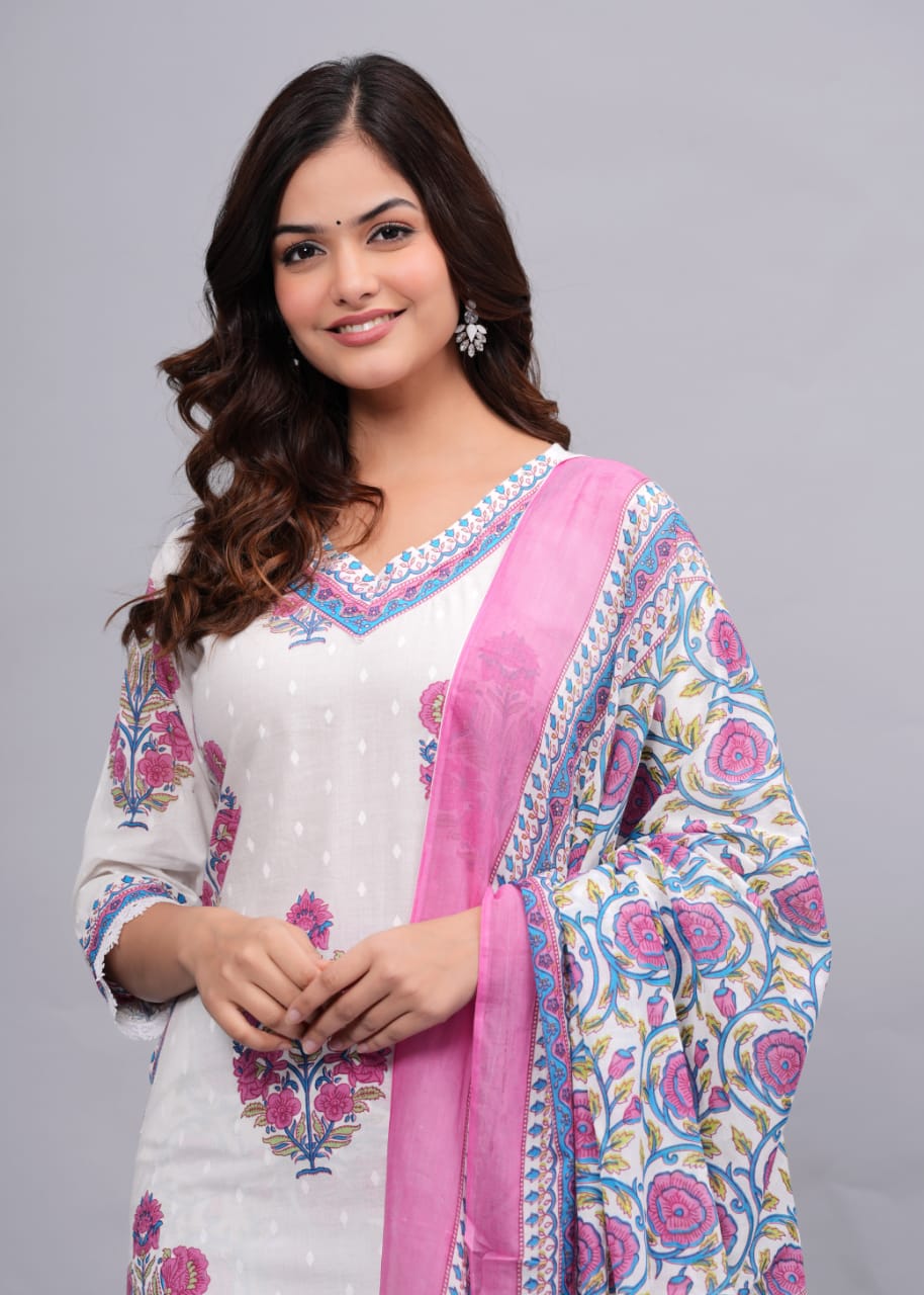 White-Pink Floral Anarkali Suit Set