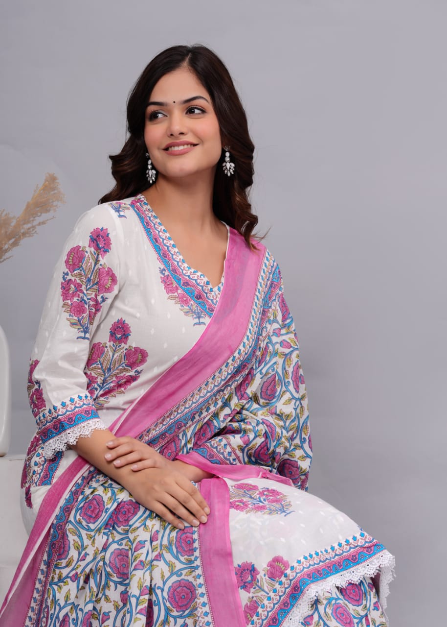White-Pink Floral Anarkali Suit Set