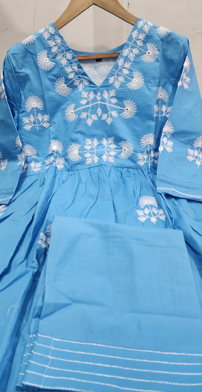 Cotton Gown and Bottom Set with Embroidery and Mirror Work
