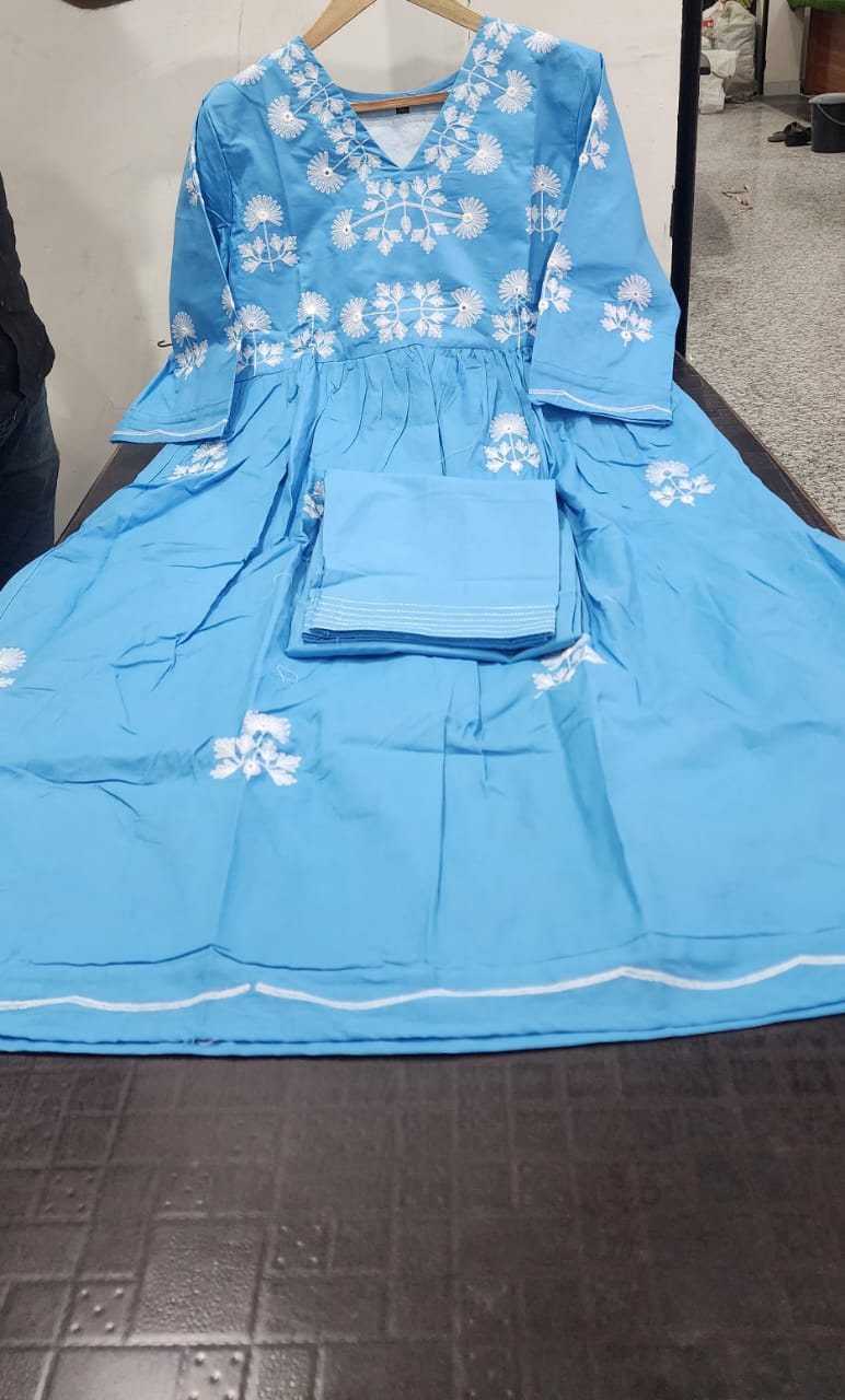 Cotton Gown and Bottom Set with Embroidery and Mirror Work