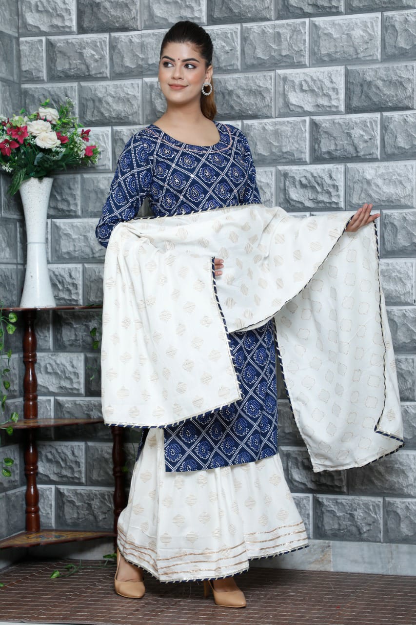 Rayon Mirror-Work Straight Kurta, Sharara, and Dupatta Set