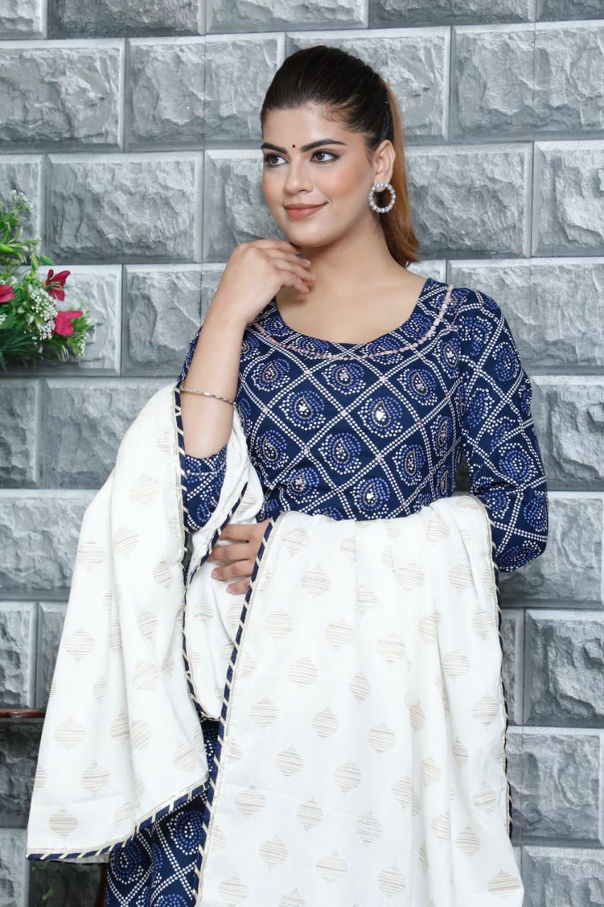 Rayon Mirror-Work Straight Kurta, Sharara, and Dupatta Set