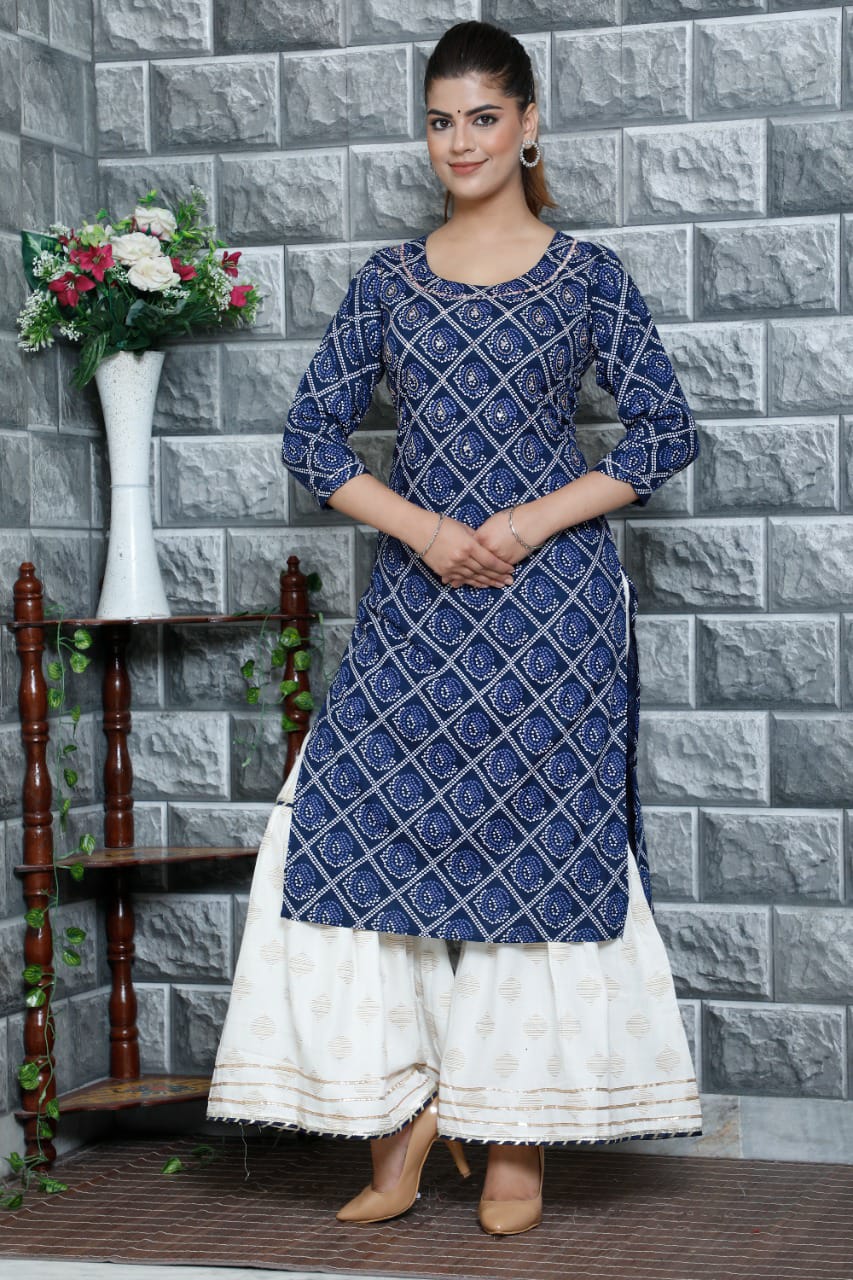 Rayon Mirror-Work Straight Kurta, Sharara, and Dupatta Set