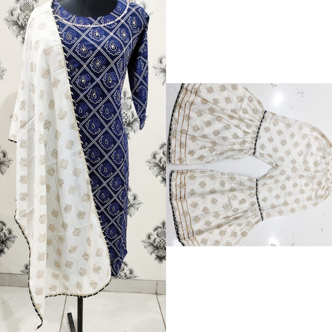 Rayon Mirror-Work Straight Kurta, Sharara, and Dupatta Set