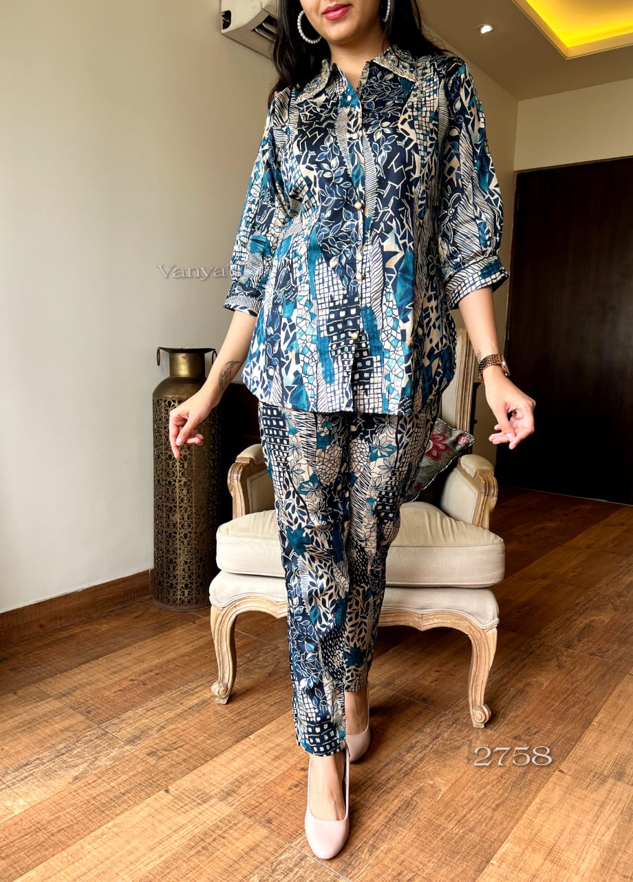 Digital Print Muslin Cord Set with Hand Work on Yoke