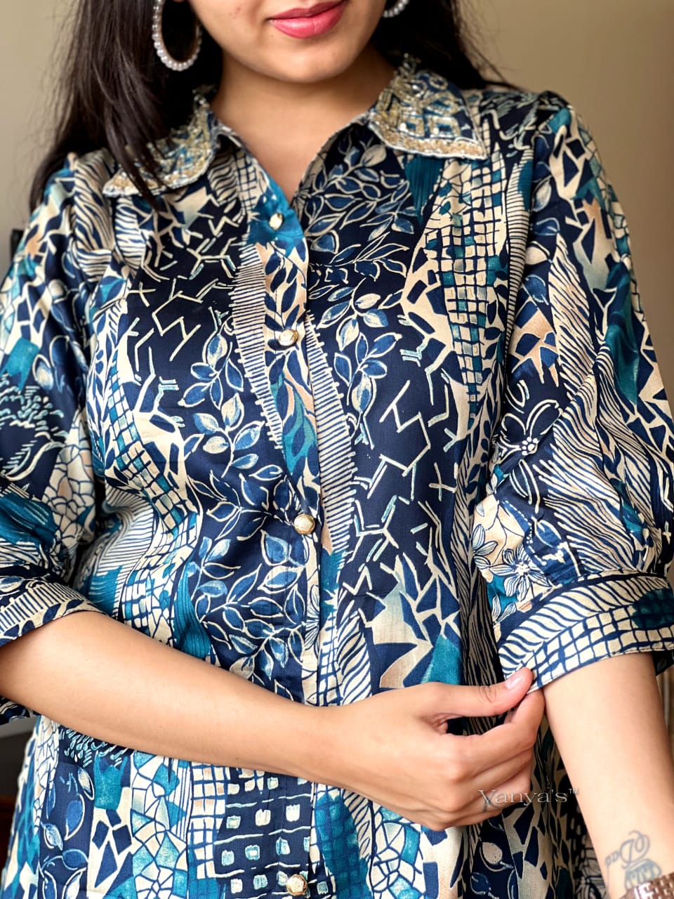 Digital Print Muslin Cord Set with Hand Work on Yoke