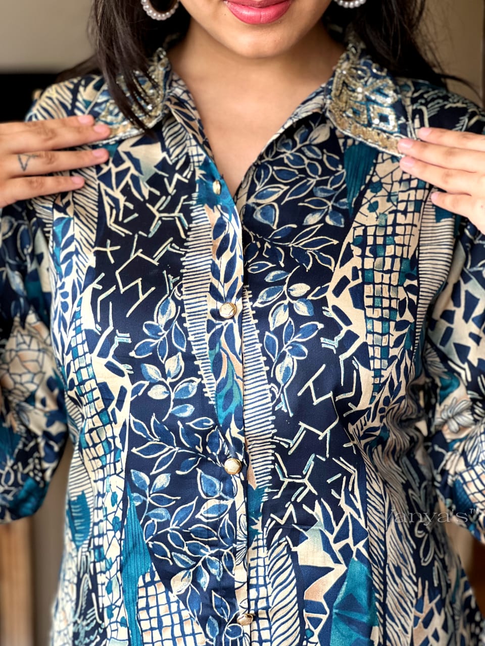 Digital Print Muslin Cord Set with Hand Work on Yoke