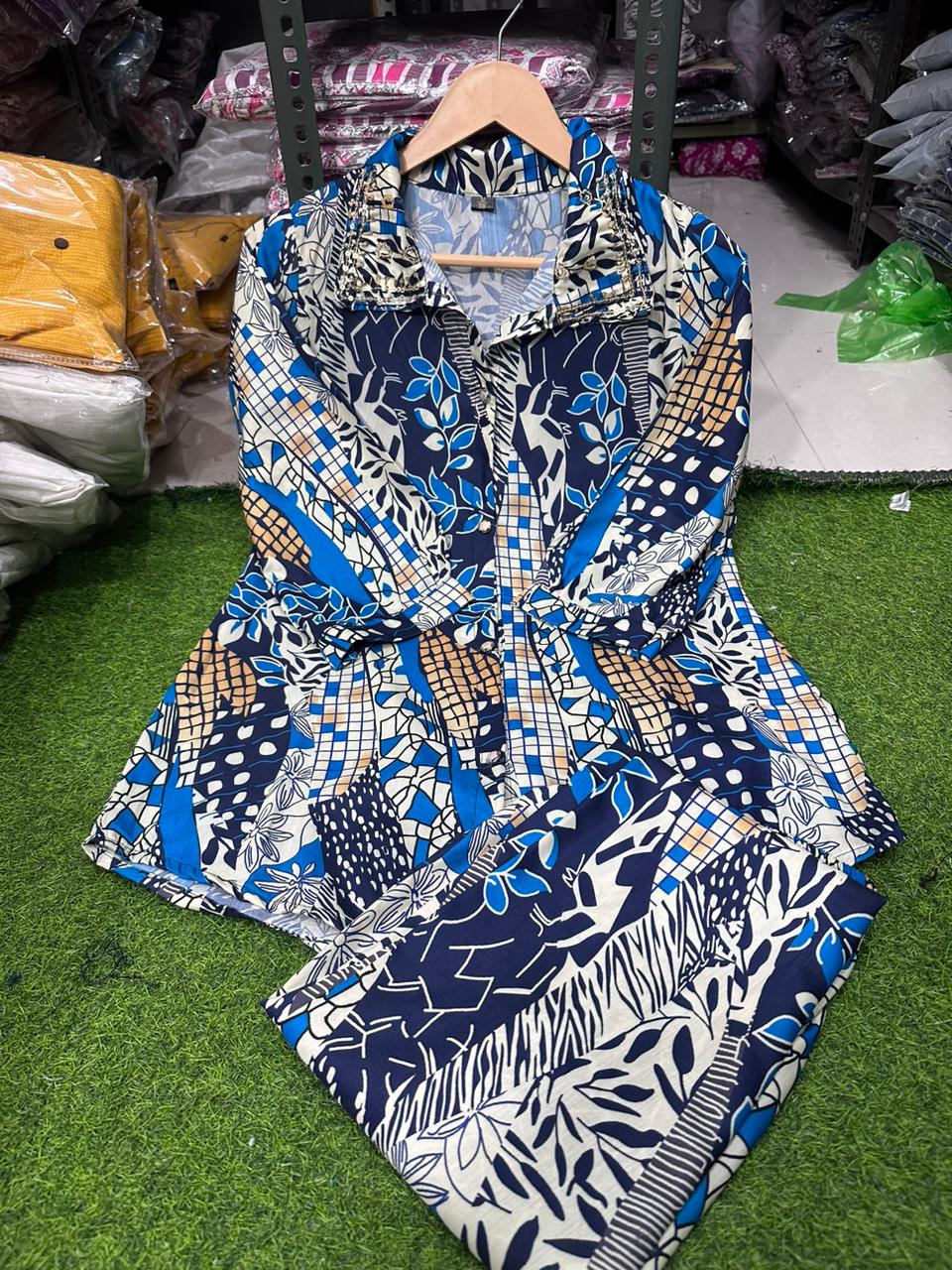 Digital Print Muslin Cord Set with Hand Work on Yoke