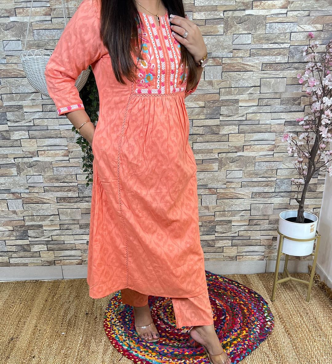 Cotton Machine Embroidery Kurta Pant Set