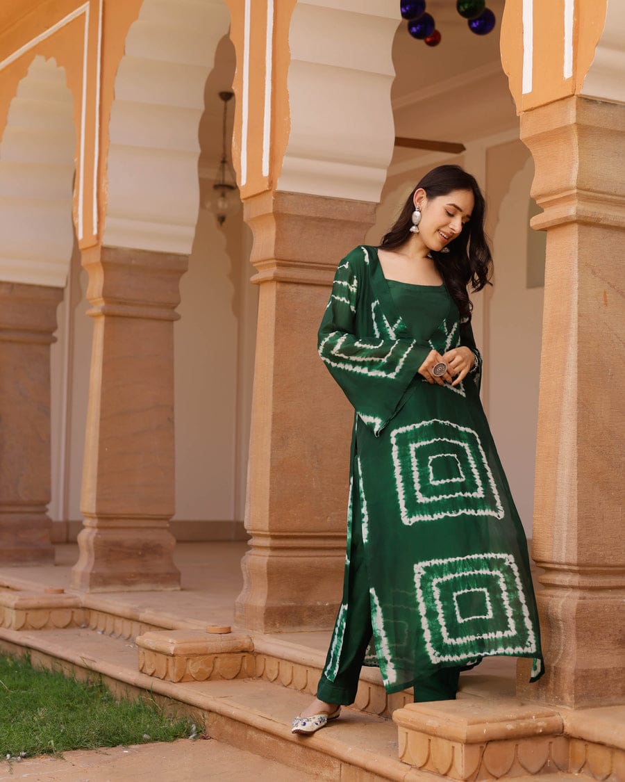 Bottle Green Tie-Dye Prosen Print Kurti Pant Set in Rayon Fabric